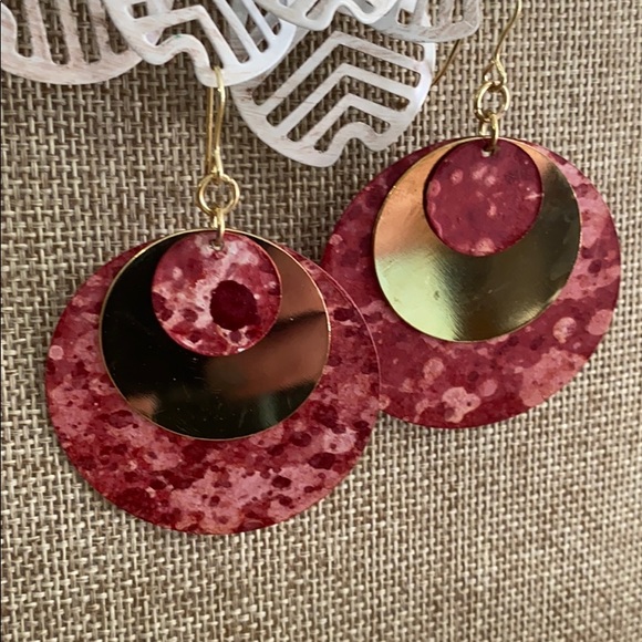 Red Terra-cotta Circle Dangle Earrings Goldtone - Picture 2 of 4